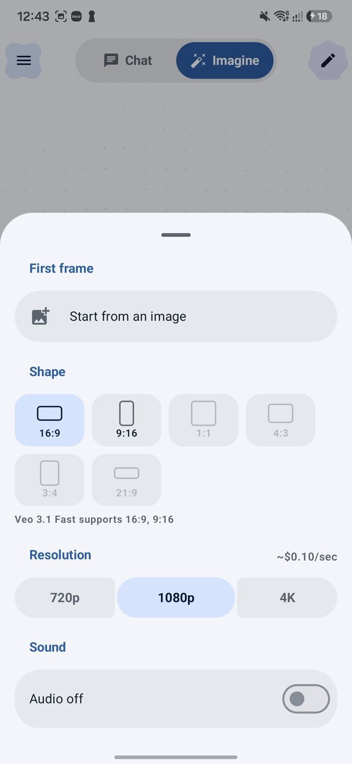 EchoFlow Imagine video settings — aspect ratio and resolution