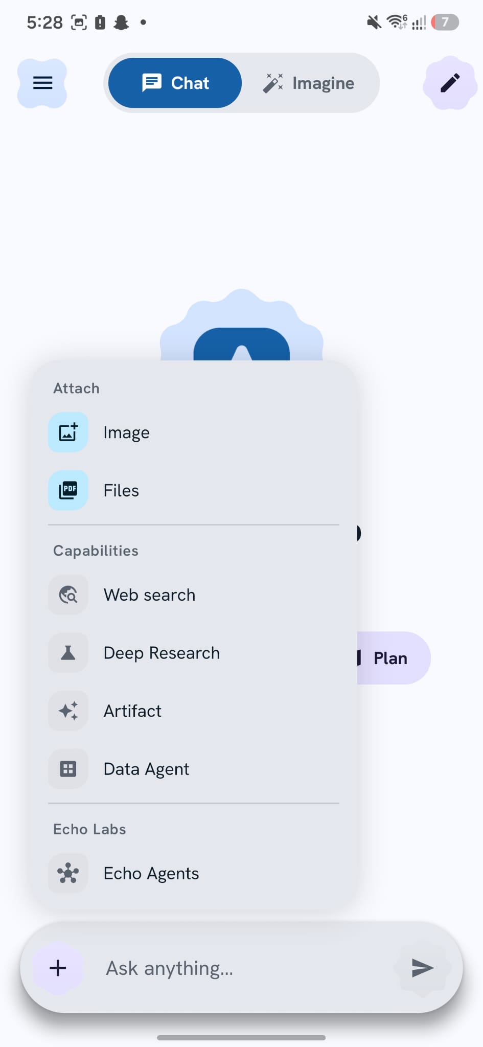 EchoFlow attach and capabilities menu: web search, deep research, artifact, data agent