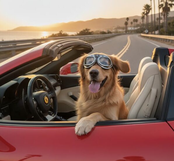 Image generated in EchoFlow: a golden retriever driving a red convertible